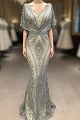 Modest Evening Dresses Long Gray Lace Appliqu篓娄 Beaded Elegant Mermaid Evening Prom Dresses