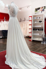 Modest Long A-line Chiffon Jewel Appliques Open Back Wedding Dresses