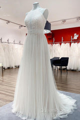 Modest Long A-line Halter Tulle Lace Backless Wedding Dresses
