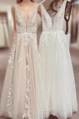 Modest Long A-line V-neck Backless Tulle Lace Wedding Dresses