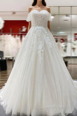 Modest Long Princess Off The Shoulder Tulle Lace Wedding Dresses