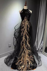 Modest Mermaid Halter Long Black Evening Prom Dresses