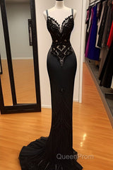 Modest Mermaid Lace Black Evening Prom Dresses Long Evening Prom Dresses