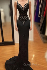 Modest Mermaid Lace Black Evening Prom Dresses Long Evening Prom Dresses