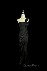 Modest Mermaid One Shoulder Black Satin Long Evening Prom Dresses Party Dresses