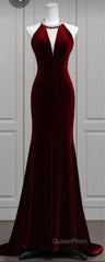 Modest Mermaid Scoop Neckline Burgundy Velvet Long Party Dresses Evening Prom Dresses