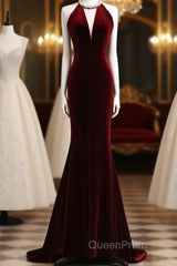 Modest Mermaid Scoop Neckline Burgundy Velvet Long Party Dresses Evening Prom Dresses