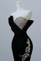 Modest Mermaid Strapless Black Long Floor Length Beads Evening Prom Dresses