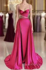 Modest Mermaid Straps Long Hot Pink Slit Satin Evening Prom Dresses