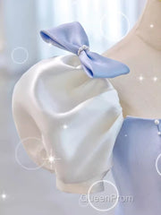 Modest Princess Short Sleeves Long Blue Satin Evening Prom Dresses