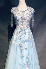 Modest Sky Blue A-Line Tulle Beading Embroidery Appliques Long Evening Prom Dresses Pageant Gown