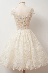 A-line Scoop Lace Short Evening Prom Dresses Cap Sleeves Homecoming Dresses