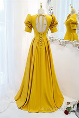 Mustard Yellow Satin Backless Dresses With Sleeves
