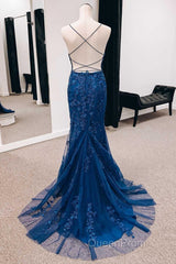 Navy Appliques Lace-Up Back Mermaid Long Evening Prom Dresses With Slit