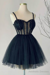 Navy Blue A line Sweetheart Tulle Beads Short Homecoming Dress Party Gown