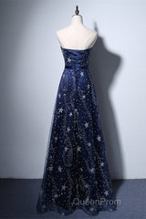 Navy Blue A-Line Tulle Long Evening Dresses, Navy Blue Evening Prom Dresses