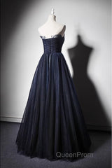 Navy Blue A-Line Tulle With Lace Scoop Long Evening Prom Dresses, Navy Blue Evening Dresses