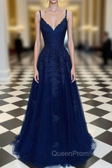 Navy Blue A-Line V-neck Floor-Length Chiffon Evening Prom Dresses With Lace Sequins