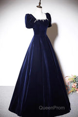 Navy Blue A-Line Velvet Long Evening Dresses, Short Sleeves Beaded Evening Prom Dresses
