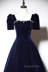 Navy Blue A-Line Velvet Long Evening Dresses, Short Sleeves Beaded Evening Prom Dresses