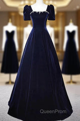 Navy Blue A-Line Velvet Long Evening Dresses, Short Sleeves Beaded Evening Prom Dresses