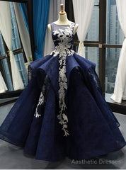 Navy Blue Ball Gown Lace White Lace Appliques Backless Prom Dress