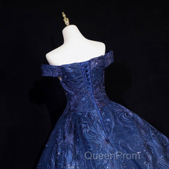 Navy Blue Ball Gown Long Formal Dresses, Off Shoulder Navy Blue Party Dresses