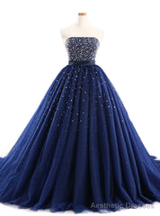 Navy Blue Ball Gown Tulle Sweetheart With Beaded Bodice Prom Dresses