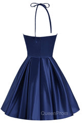 Navy Blue Cute Halter Satin Short Homecoming Dresses, Blue Evening Prom Dresses Party Dresses