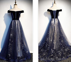 Navy Blue Floral Off Shoulder Velvet and Tulle Prom Dress, Blue Party Dress Formal Dress