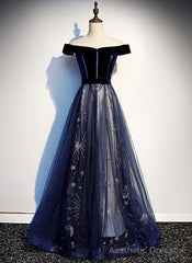 Navy Blue Floral Off Shoulder Velvet and Tulle Prom Dress, Blue Party Dress Formal Dress