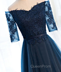 Navy Blue Half Sleeves Lace Long Evening Prom Dresses, Navy Blue Lace Formal Dresses