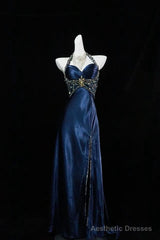 Navy Blue Halter Beaded Prom Dress Long Evening Dress