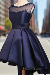 Navy Blue High Low Homecoming Dresses, Lovely Teen Formal Dresses, Evening Party Dresses Short