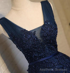 Navy Blue Knee Length Homecoming Dresses, V-neckline Short Formal Dresses