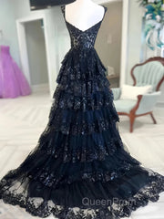 Navy Blue Lace Layered A Line Evening Prom Dresses
