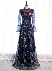 Navy Blue Long Sleeve Embroidery High Neck Prom Dress