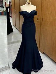 Navy Blue Mermaid Spandex Off Shoulder Party Dress, Navy Blue Prom Dress