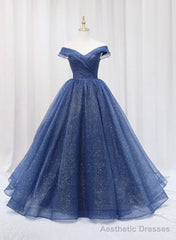 Navy Blue Off Shoulder Shiny Tulle Floor Length Prom Dress, Blue Prom Dress