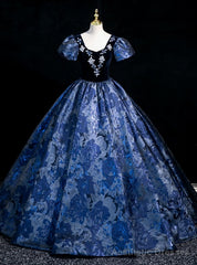 Navy Blue Puff Sleeve Beading Quinceanera Dress