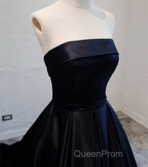 Navy Blue Satin Long Party Dresses, Elegant Dark Blue Formal Dresses Evening Dresses