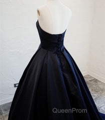 Navy Blue Satin Long Party Dresses, Elegant Dark Blue Formal Dresses Evening Dresses