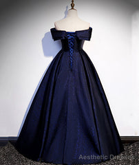 Navy Blue Satin Off Shoulder Long Prom Dress, Blue A-line Formal Dress, Evening Dress