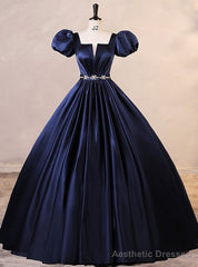 Navy Blue Satin Puff Sleeve Pleats Quinceanera Dress