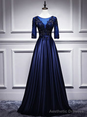 Navy Blue Satin Short Sleeve Appliques Beading Prom Dress