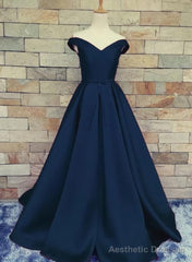 Navy Blue Satin Sweetheart A-line Handmade Formal Dress, Blue Long Prom Dress