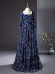 Navy Blue Sequins Long Sleeve Square Prom Dress