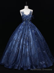 Navy Blue Sequins Tulle Appliques Quinceanera Dress