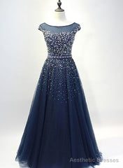 Navy Blue Shiny Sequins Round Neckline Tulle Party Dress, A-line Tulle Blue Evening Dress Prom Dress
