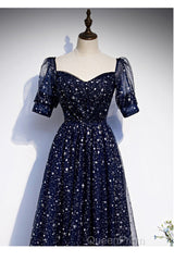 Navy Blue Simple Tulle Short Sleeves Evening Prom Dresses, Navy Blue Long Evening Dresses